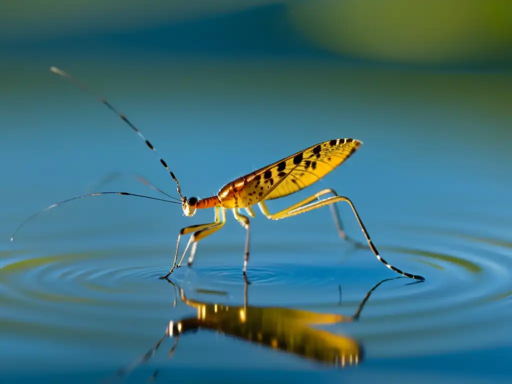 Detalle de insecto acuático en lago, reflejo de luz solar en agua