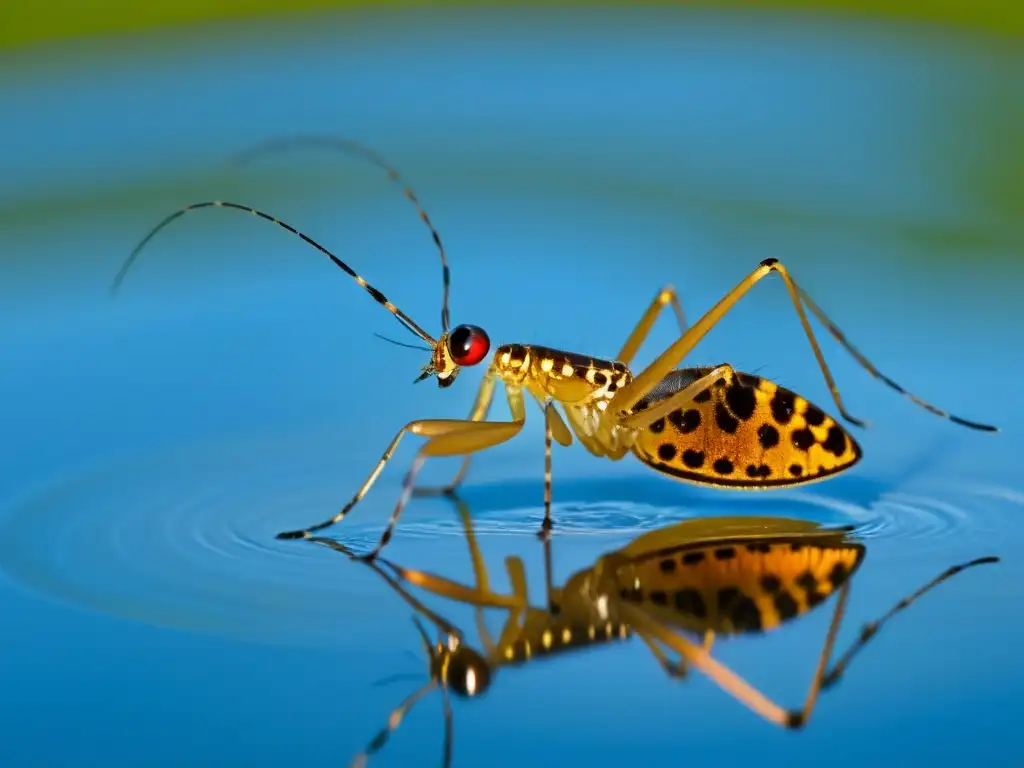 Detalle de insecto acuático en lago tranquilo, reflejo de árboles y cielo