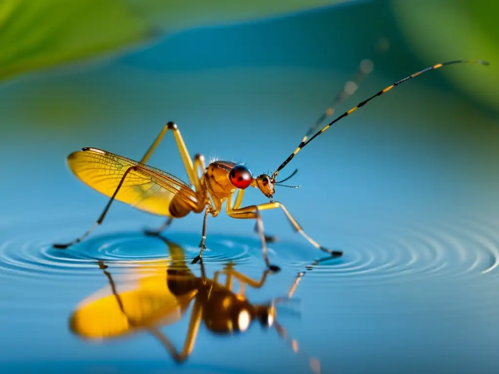 Detalle ultrarresolución de un insecto acuático en tensión superficial, representando la delicada ecología de agua dulce