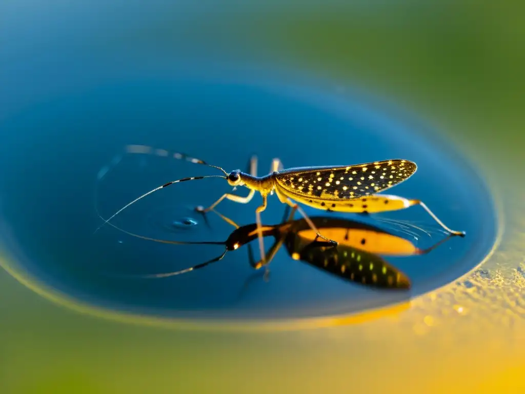 Detalle de un insecto adaptado a ambientes acuáticos, deslizándose sobre la superficie tranquila de un estanque