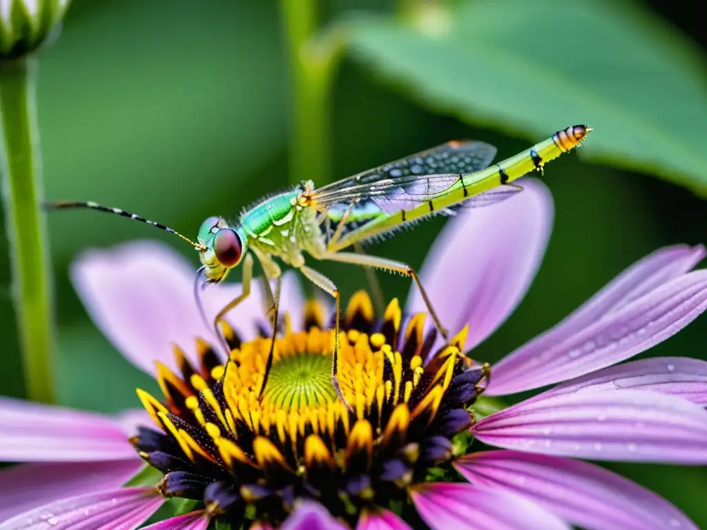 Detalle de un insecto beneficioso para huerto, una vibrante crisopa verde posada en una flor morada en un jardín exuberante