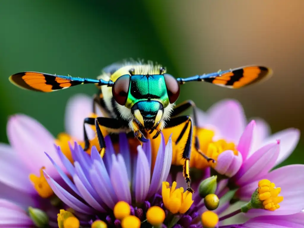 Detalle de insecto colorido comunicando multimodal en flor, con fondo natural exuberante