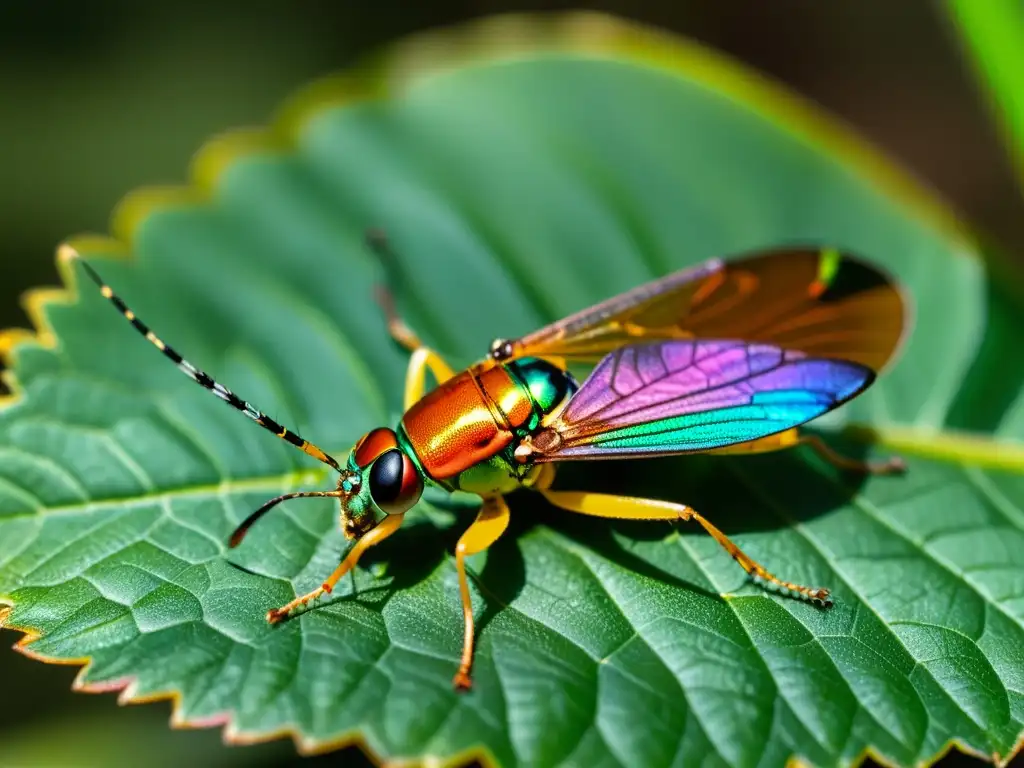 Detalle ultrarresolución de insecto colorido en hoja verde, resaltando evolución de los insectos elementos transponibles en su entorno vibrante