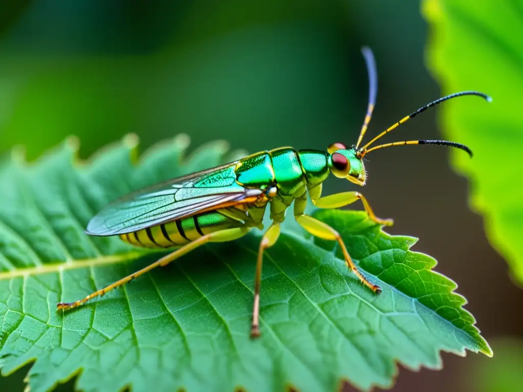 Detalle de un insecto comestible verde sobre una hoja, mostrando sus alas iridiscentes, antenas delicadas y patas translúcidas