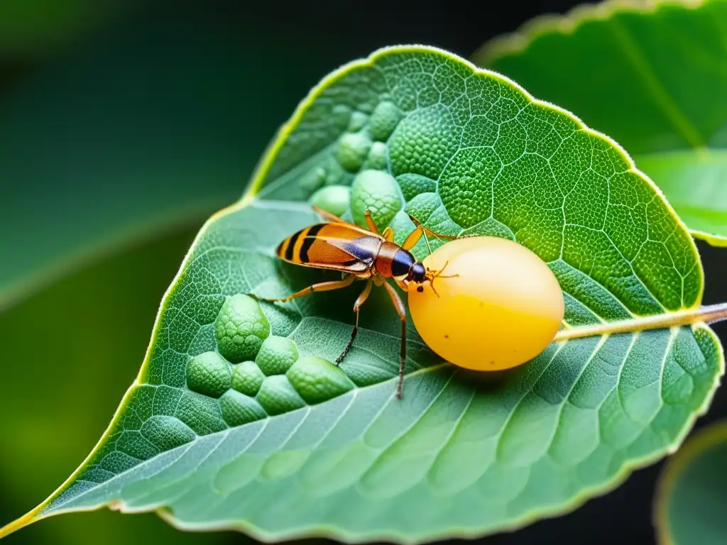 Detalle de una insecto hembra depositando huevos en una hoja, resaltando las estrategias reproductivas de los insectos