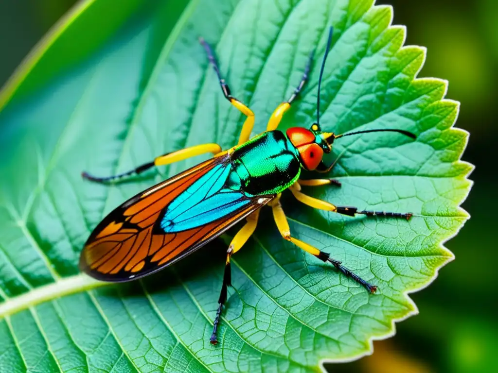 Detalle de insecto híbrido en hoja verde, con patrones y colores fascinantes