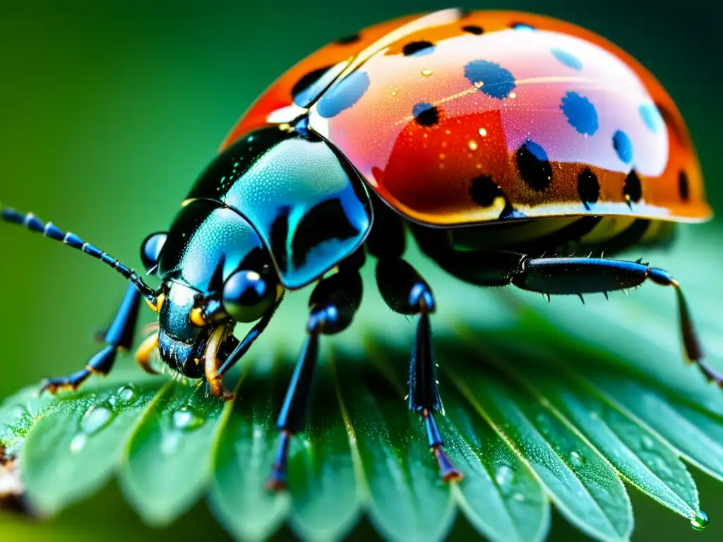 Detalle de un insecto con iridiscencia, patrones y texturas en su exoesqueleto, mostrando la química de defensa en insectos