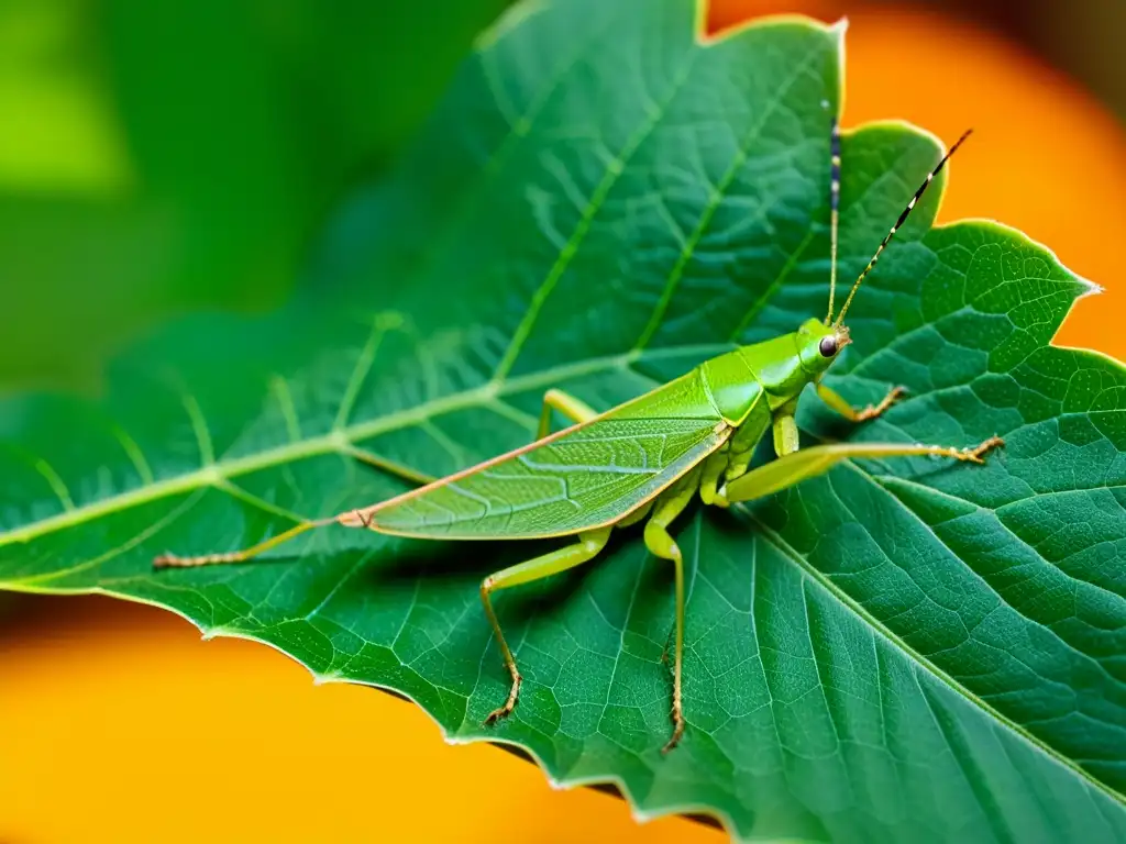 Detalle de un insecto Katydid mimetizándose con una hoja, mostrando técnicas de camuflaje en insectos en su entorno natural