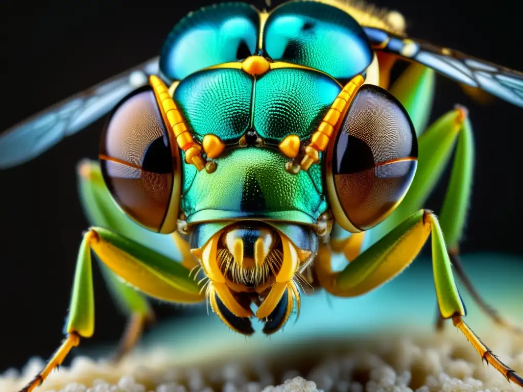 Detalle de anatomía de insecto bajo microscopio, mostrando ojos compuestos, patas segmentadas y alas delicadas