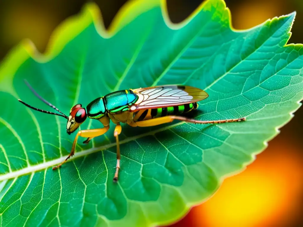 Detalle de insecto genéticamente modificado en hoja verde, con exoesqueleto iridiscente y patrones de camuflaje para control de plagas