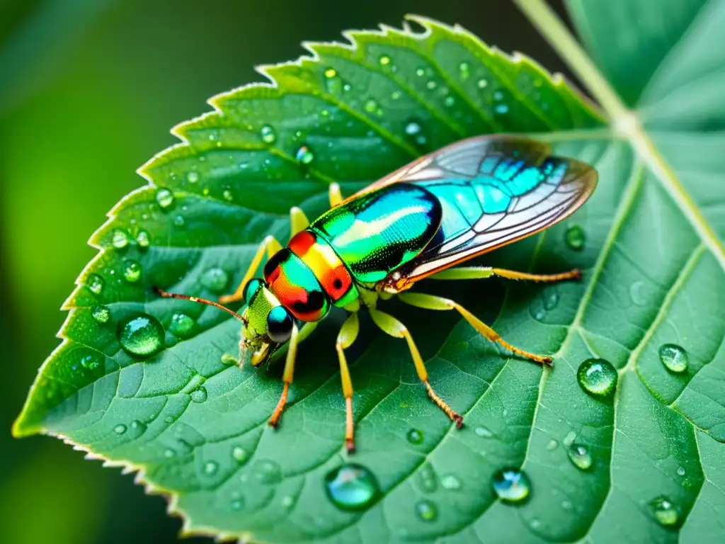 Detalle de insecto genéticamente modificado en hoja verde, reflejando la precisión de su modificación genética y su presencia en su hábitat natural