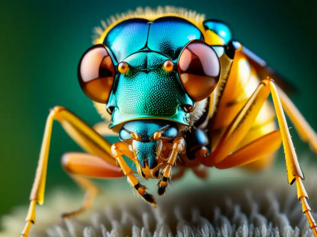 Detalle de insecto resistente a pesticidas, con exoesqueleto iridiscente que refleja adaptabilidad y supervivencia en entorno camuflado