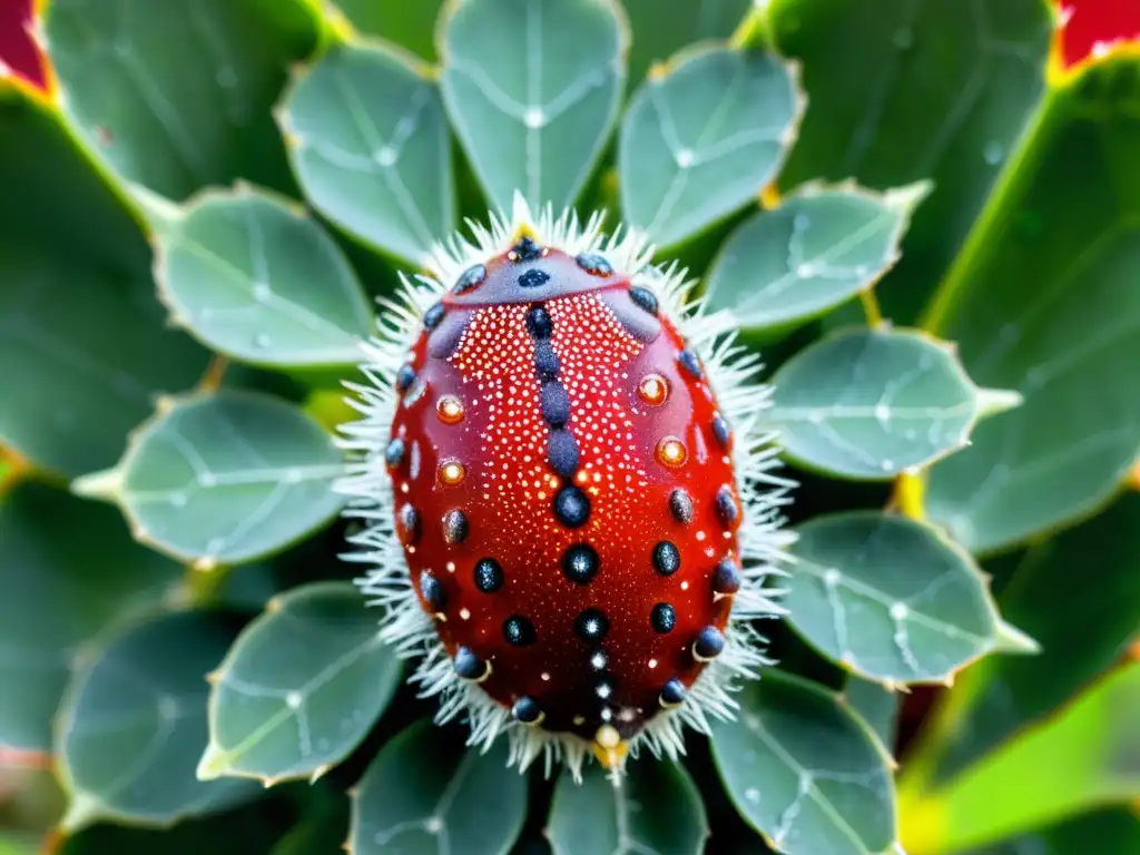 Detalle de insecto cochinilla roja en cactus, con pigmento rojo