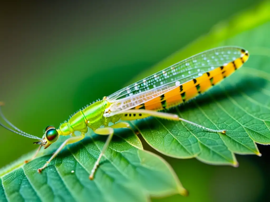 Detalle de un insecto crisopa verde con alas transparentes, destacando la complejidad del metabolismo de los insectos en ingeniería verde