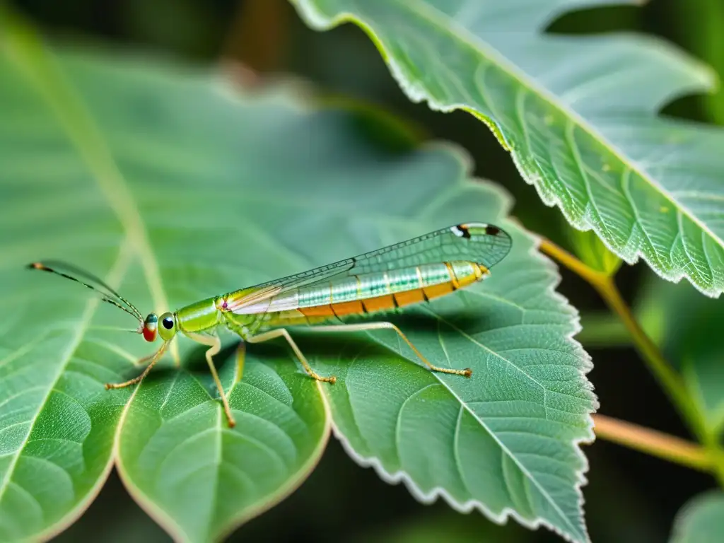 Detalle de un insecto crisopa verde con alas transparentes en una hoja, mostrando su cuerpo iridiscente y venas de las alas