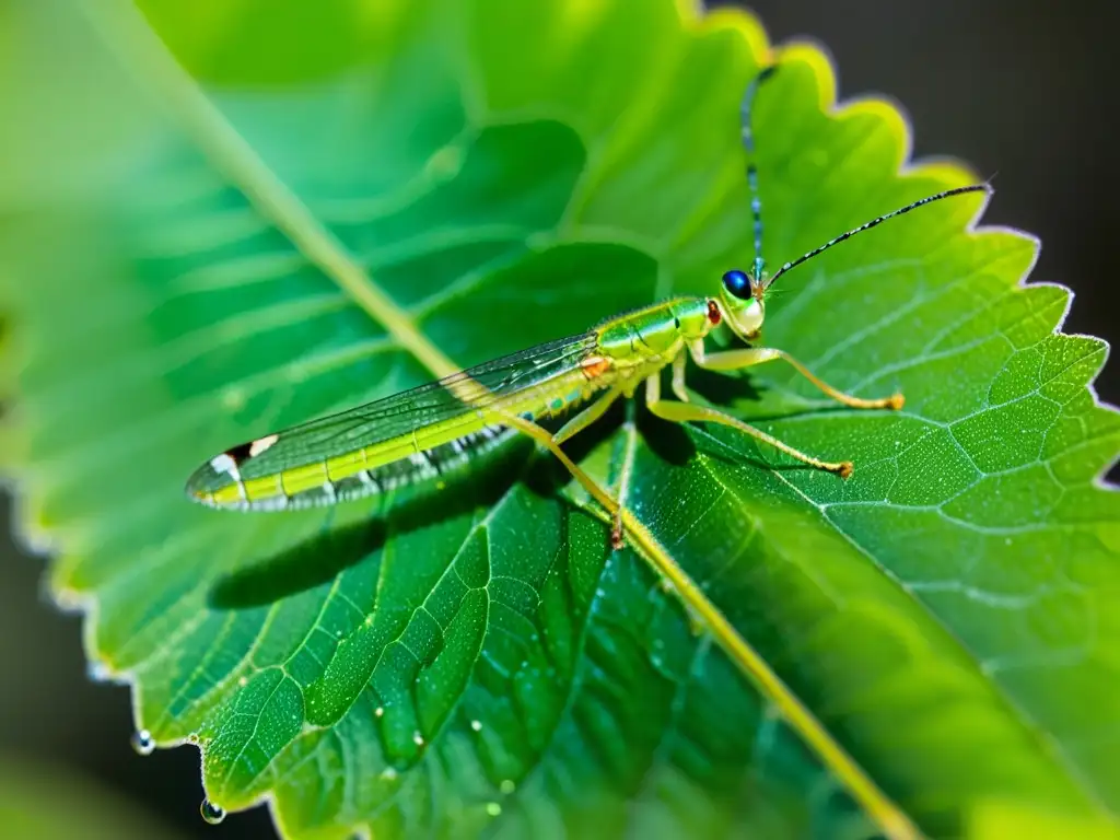 Detalle de un insecto verde bioindicador en su hábitat natural, alimentándose de rocío