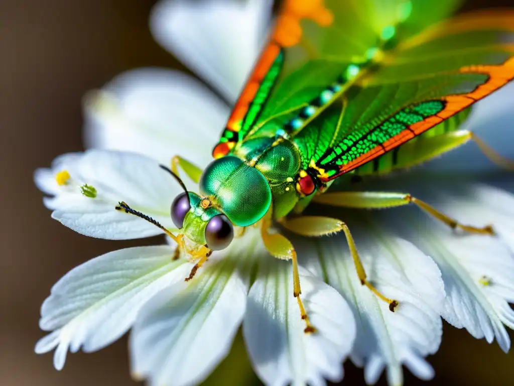 Detalle de un insecto verde sobre flor, resaltando la importancia de los insectos en sostenibilidad