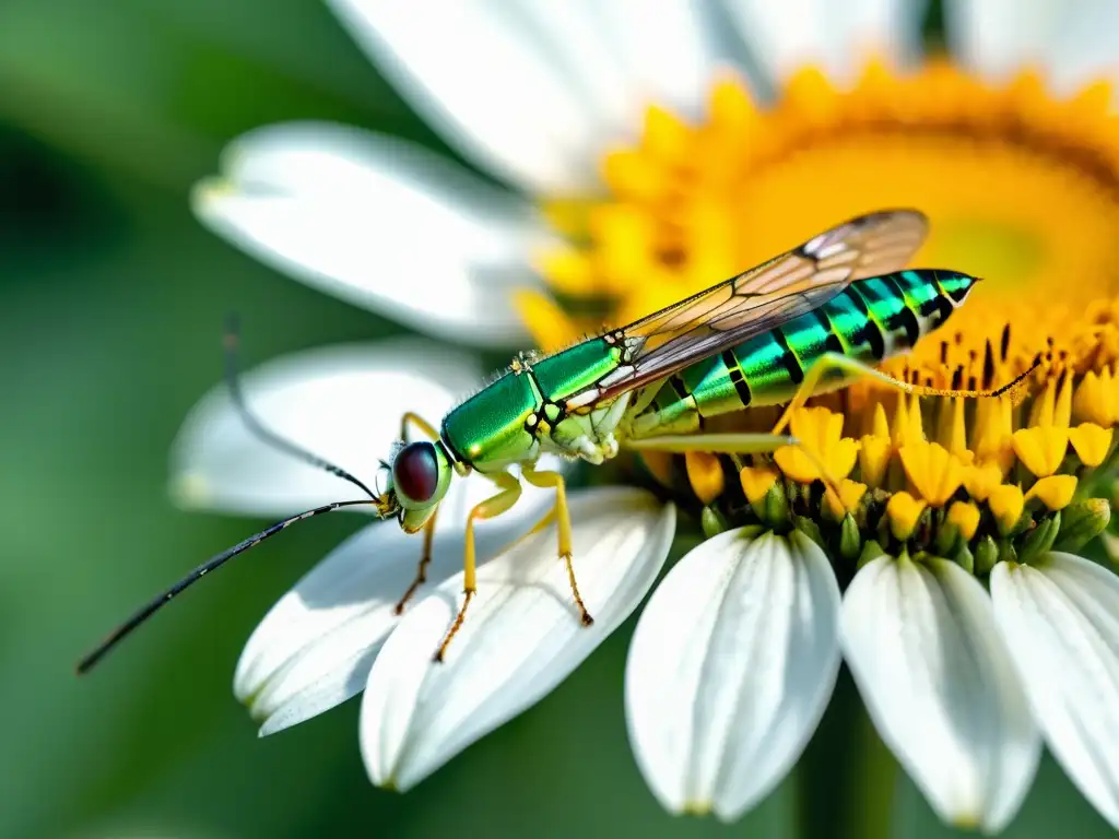 Detalle en 8k de un insecto lacewing verde sobre una margarita amarilla, en un jardín atractivo para insectos beneficiosos