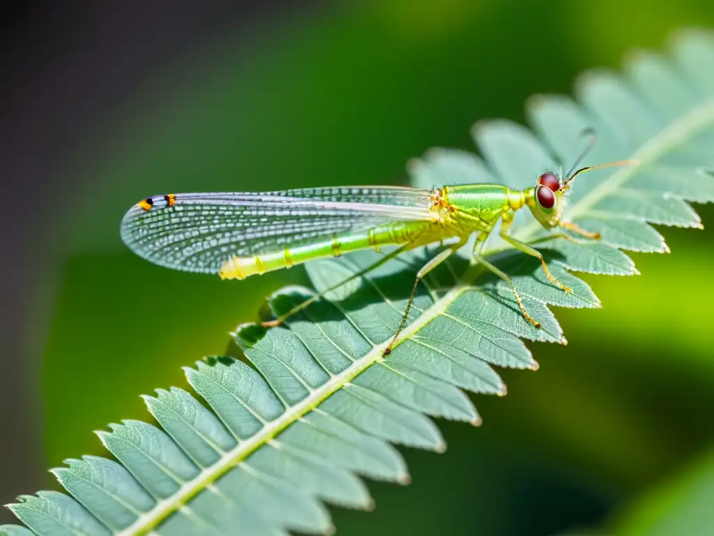 Detalle de un insecto crisopa verde en pleno vuelo, mostrando sus delicadas alas y su compleja estructura