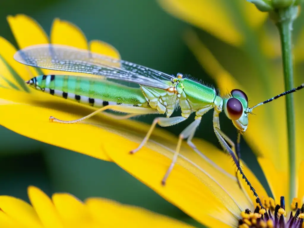 Detalle de un insecto verde posado en una flor amarilla, destacando la importancia de los insectos en bioindicación