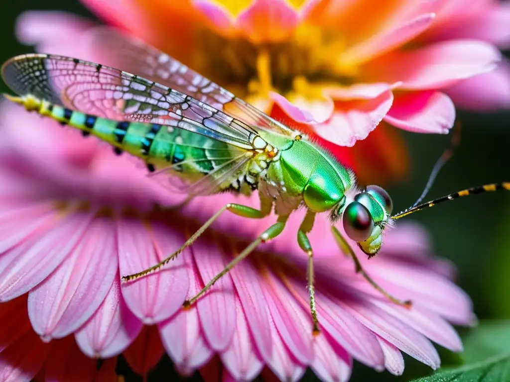 Detalle de un insecto verde posado en pétalo rosado, resaltando la importancia de insectos en control biológico