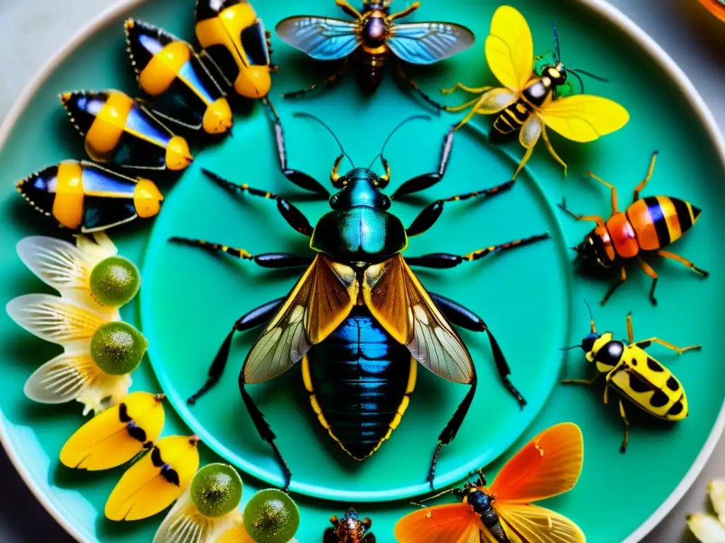 Detalle de insectos comestibles sobre un plato, resaltando colores vibrantes y texturas