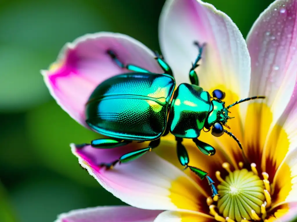 Detalle de fotografía de insectos contemporánea: un escarabajo metálico verde posado en un pétalo vibrante con gotas de rocío