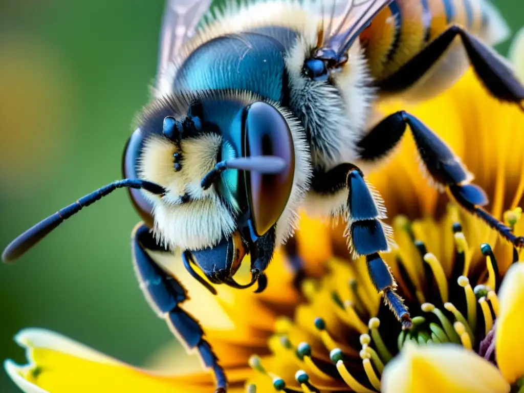 Detalle de la coevolución de insectos y plantas: abeja recolectando néctar de una flor, mostrando la intricada relación entre ambos