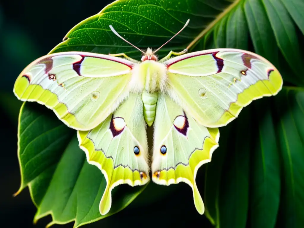 Un detalle íntimo de una Luna Moth en la noche, con influencia de la luz artificial en insectos, revelando sus alas translúcidas y patrones verdes