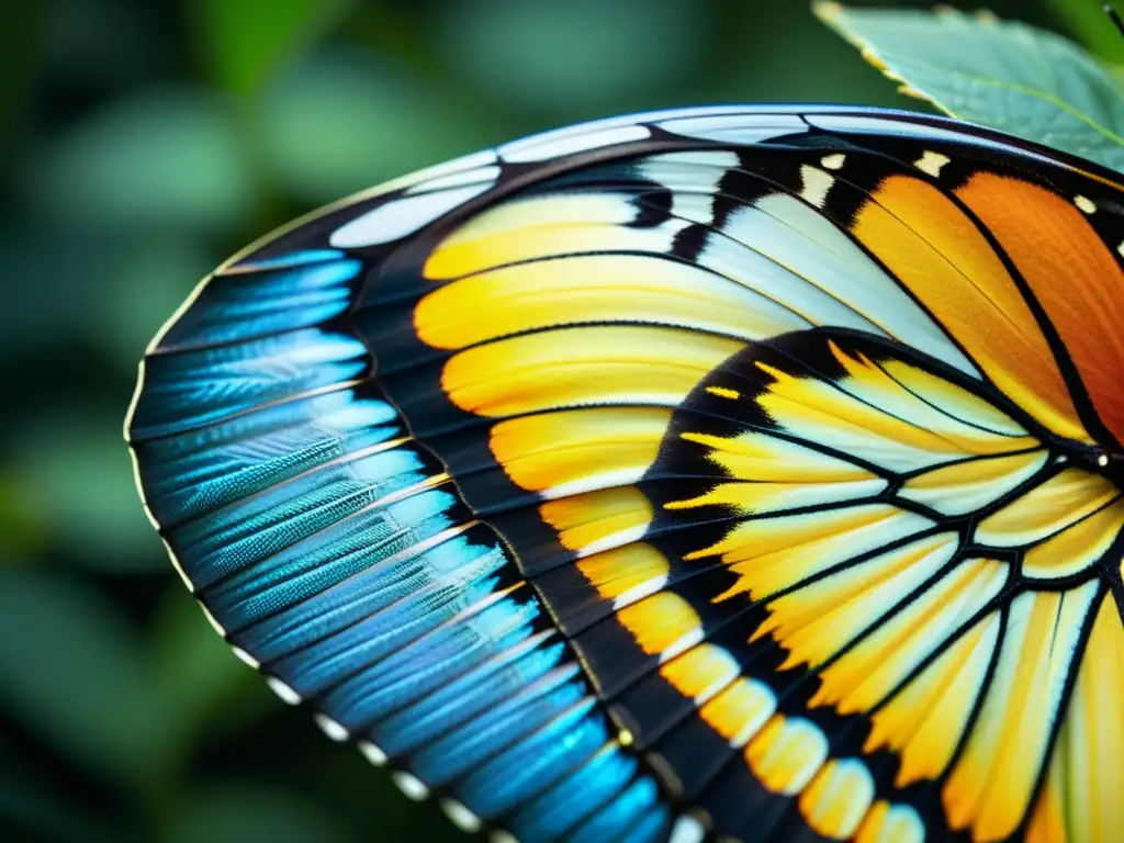 Detalle en alta definición de las intrincadas alas de mariposa, mostrando los vibrantes colores y patrones