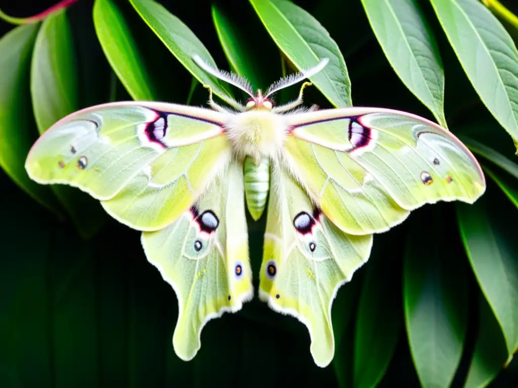 Detalle de las intrincadas alas de una mariposa Luna reposando en una hoja, iluminada por la suave luz de la luna, mostrando su belleza etérea