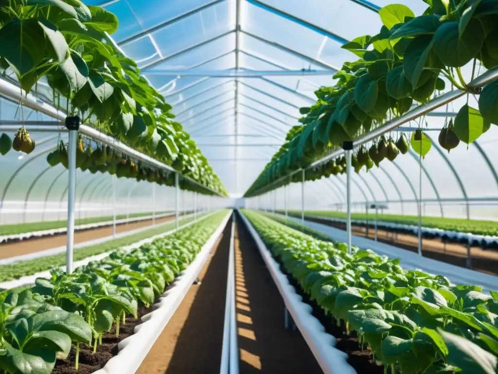 Detalle de invernadero de alta tecnología con protección cultivos innovaciones barreras físicas, luz solar y cultivos vibrantes