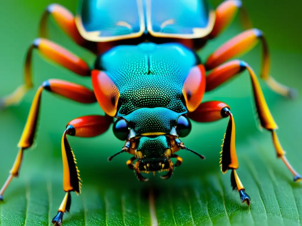 Detalle de la iridiscencia y adaptaciones anatómicas del exoesqueleto de un escarabajo, resaltando su textura y estructura para la supervivencia