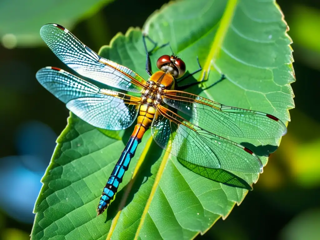 Detalle de una libélula iridiscente posada en una hoja verde, resaltando la belleza de esta especie amenazada