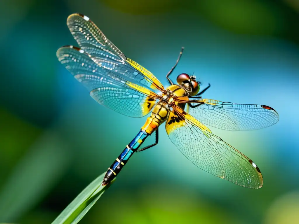 Detalle de libélula en vuelo, mostrando sus alas iridiscentes y técnica de escape aéreo en insectos