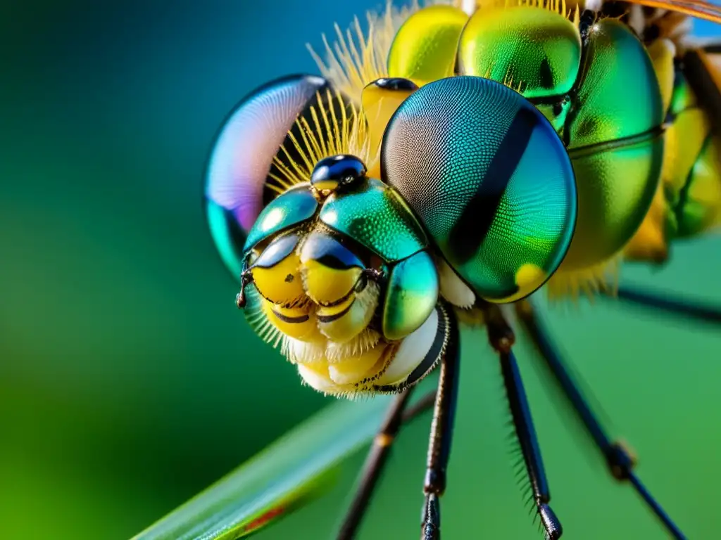 Detalle de libélula en vuelo, exhibiendo patrones iridiscentes en sus alas y técnicas de escape aéreo en insectos