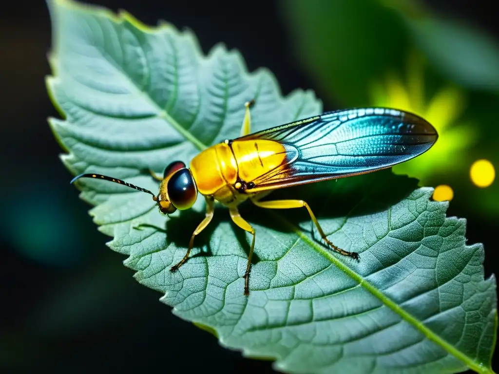 Detalle de una luciérnaga en una hoja, con su abdomen bioluminiscente brillando en la oscuridad, creando una hermosa luz verde-amarillenta