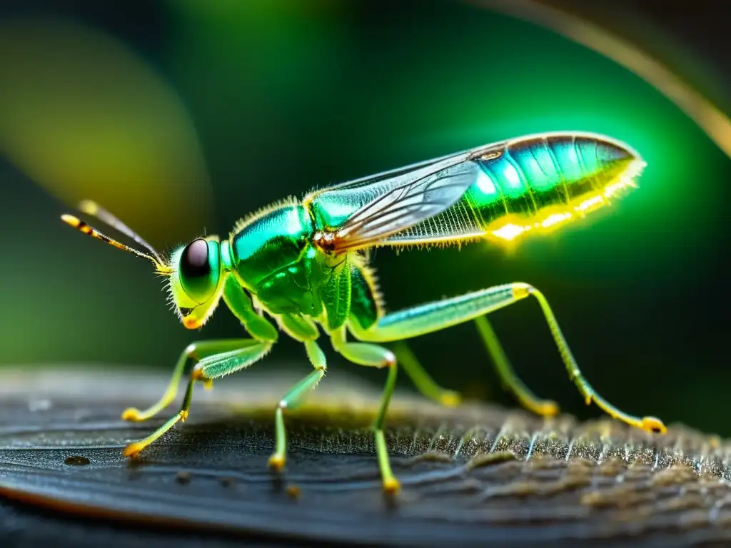 Detalle de luciérnaga emitiendo un resplandor verde bioluminiscente, destacando la importancia de la tecnología bioluminiscente en insectos