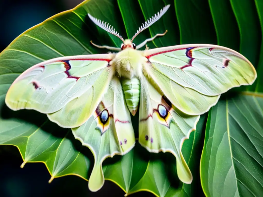 Detalle de mariposa Luna reposando en la hoja, iluminada por la luz de la luna