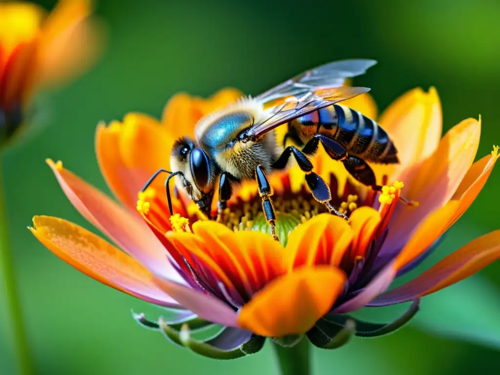 Detalle macro de abeja recolectando polen en flor naranja, resaltando su importancia ecológica en un entorno vibrante y detallado