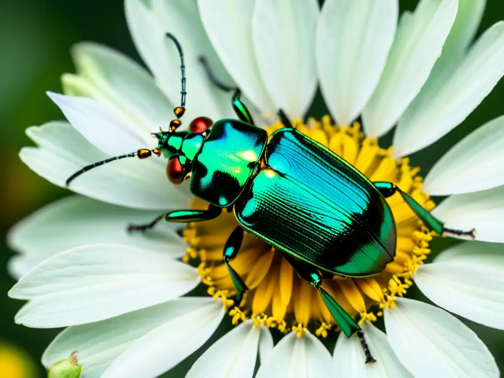 Detalle macro de un escarabajo metálico verde sobre pétalo de flor