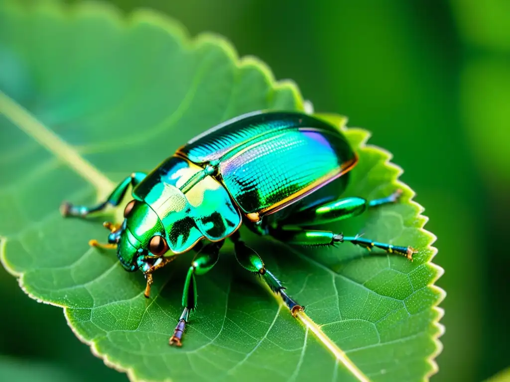 Detalle macro de un escarabajo verde metálico posado en una hoja, resplandeciendo con colores iridiscentes