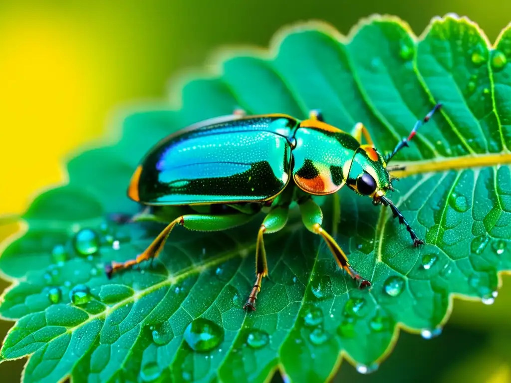 Detalle macro de un escarabajo verde sobre una hoja con gotas de rocío