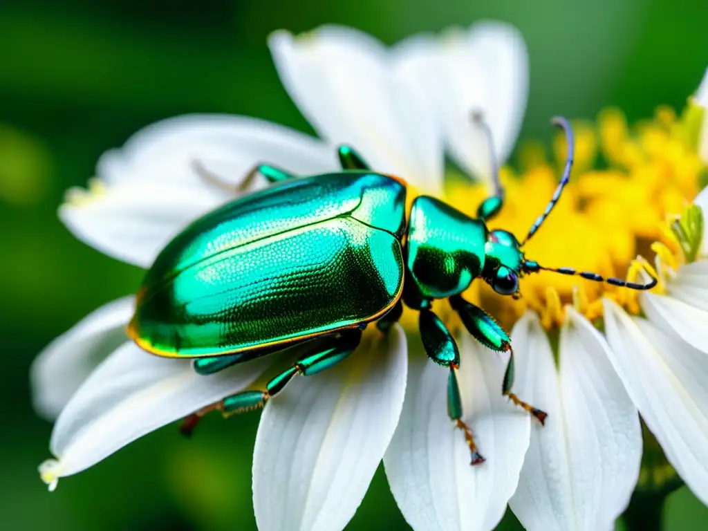 Detalle macro de un escarabajo verde metálico sobre una flor, ideal para curso macrofotografía insectos