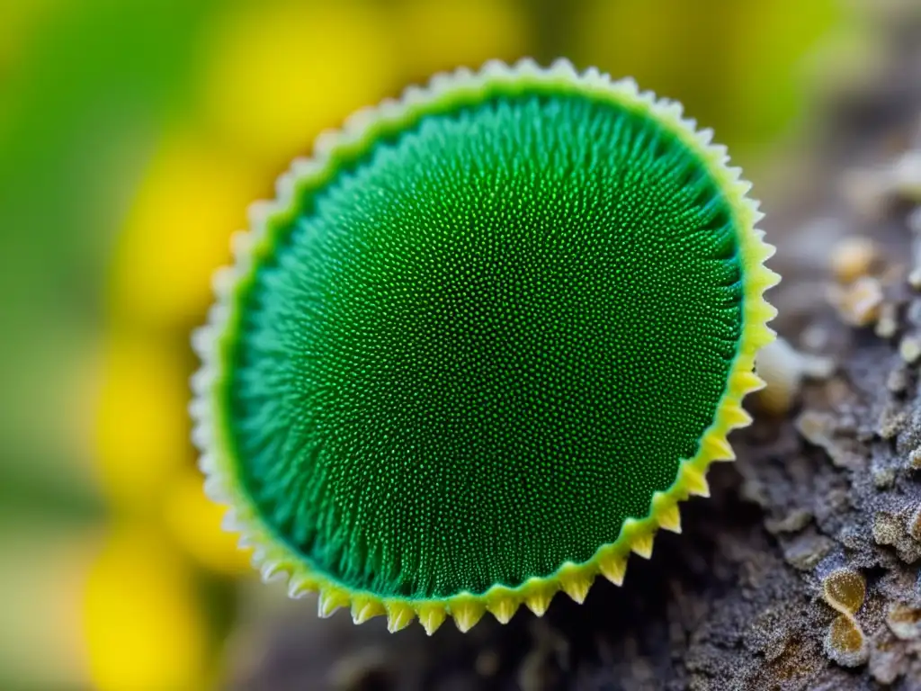 Detalle macro de espora verde de hongo entomopatógeno en el exoesqueleto de insecto muerto