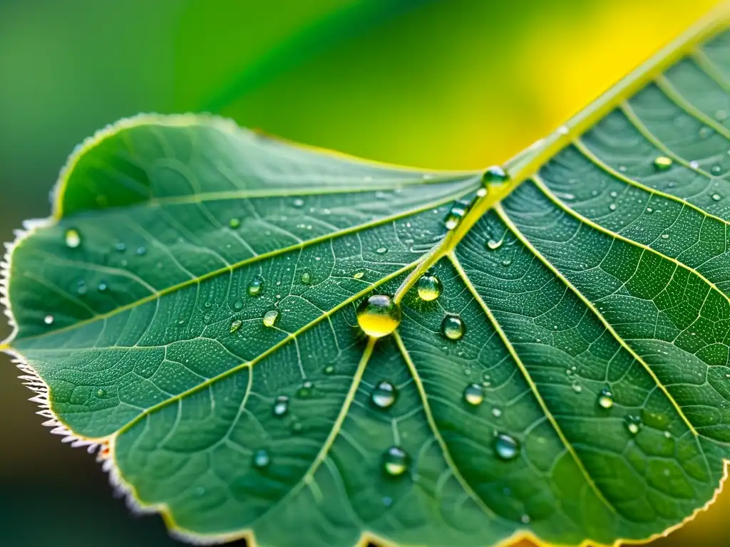 Detalle macro de una hoja verde vibrante con gotas de agua, mostrando el mundo entomológico en formación entomólogos realidad virtual