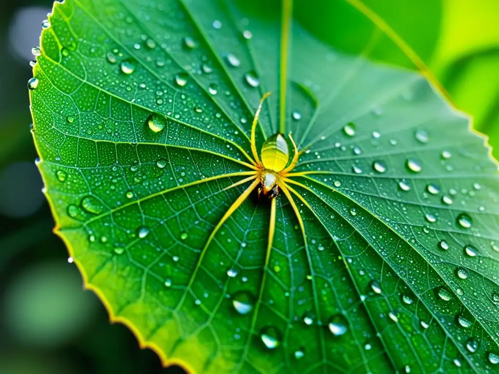 Detalle macro de hoja verde con gotas de agua, telaraña y vida insectos
