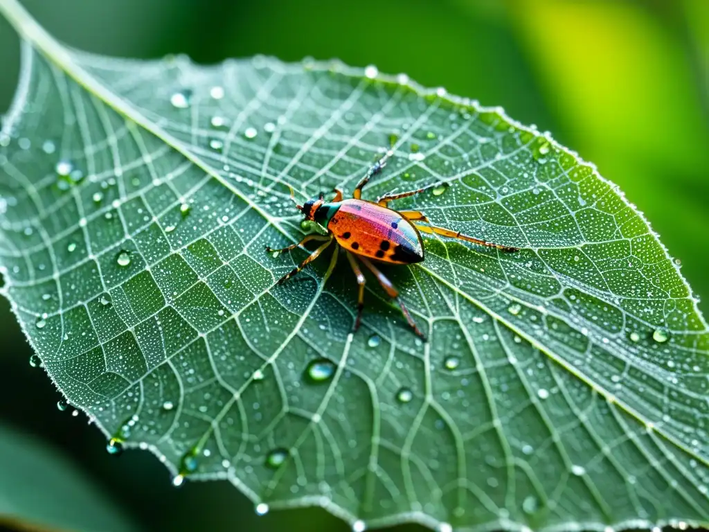 Detalle macro de hoja verde con telarañas, gotas de rocío y brillantes insectos, resaltando la importancia de los insectos en ciclos biogeoquímicos