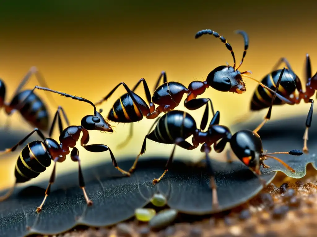 Detalle macro de hormigas transportando comida, mostrando comportamiento intrincado