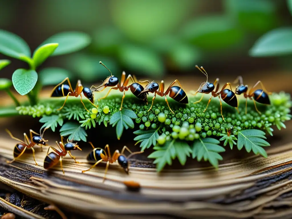 Detalle macro de hormigas transportando comida en el suelo del bosque, mostrando estrategias de supervivencia de insectos